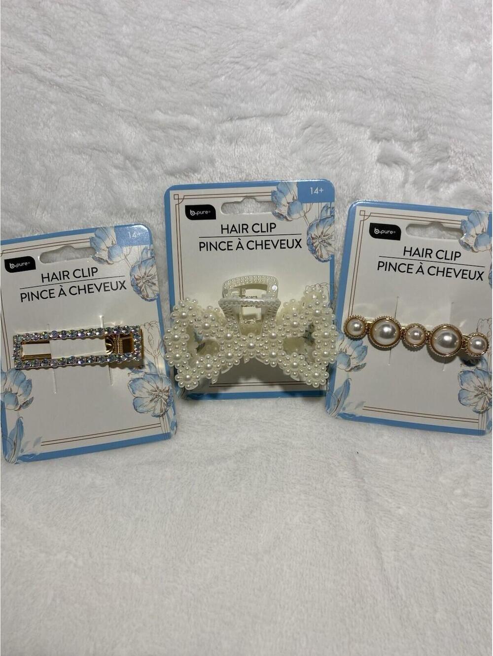 b.pure Women's 3pc Hair Clip Set Pearl Rhinestone Bow, White & White w/Rose Gold